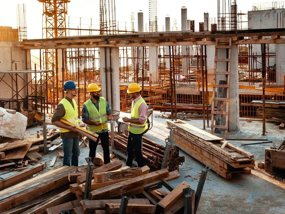 Crew on a construction site at sunset